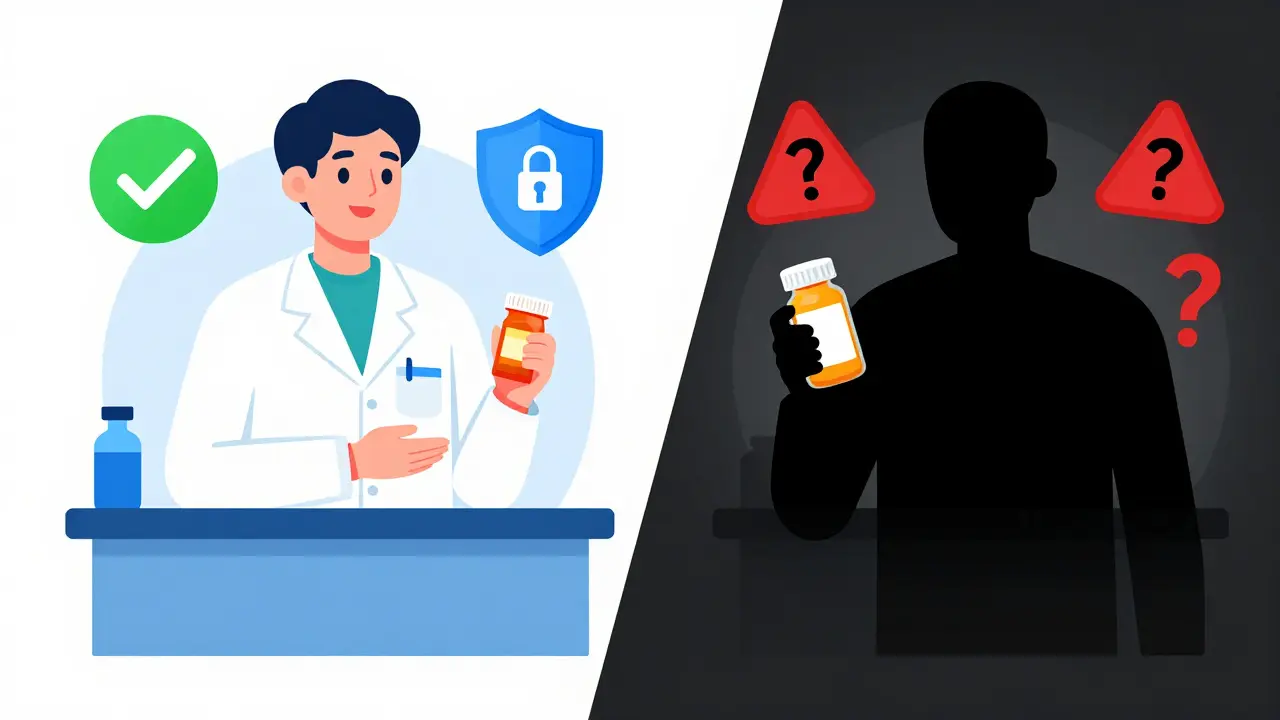 Illustration comparing safe verified pharmacy vs risky counterfeit drug sites