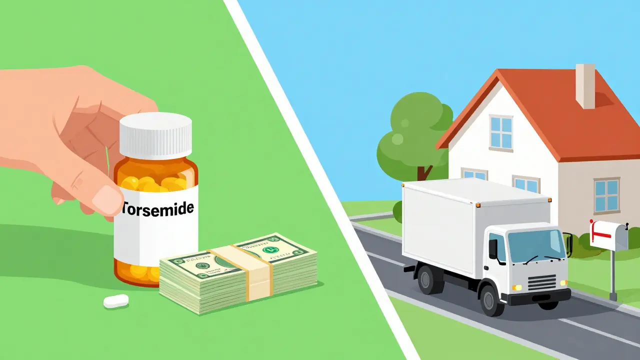 Illustration of generic medication savings and home delivery truck arriving.