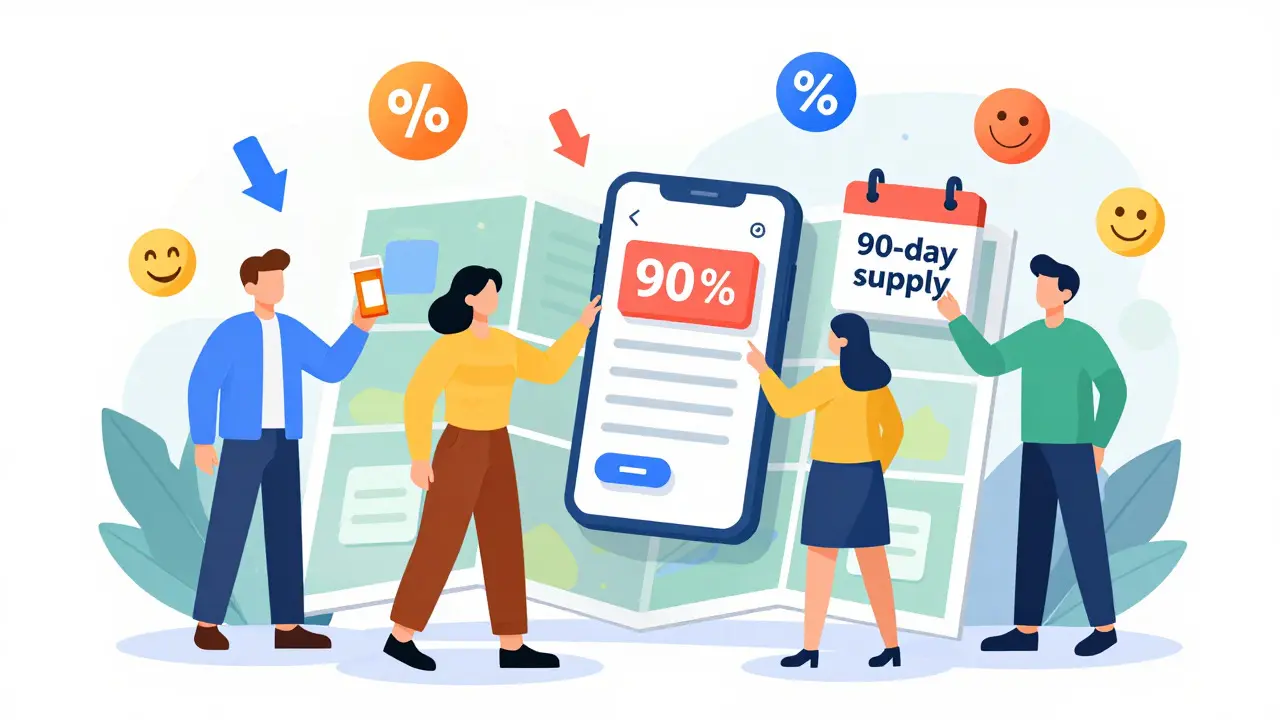 Illustration of people using coupons and bulk buying to save on medicine