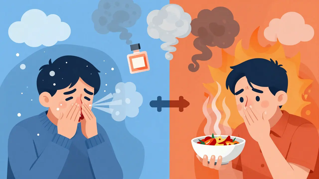 Illustration showing various triggers like cold air and spicy food causing nasal symptoms