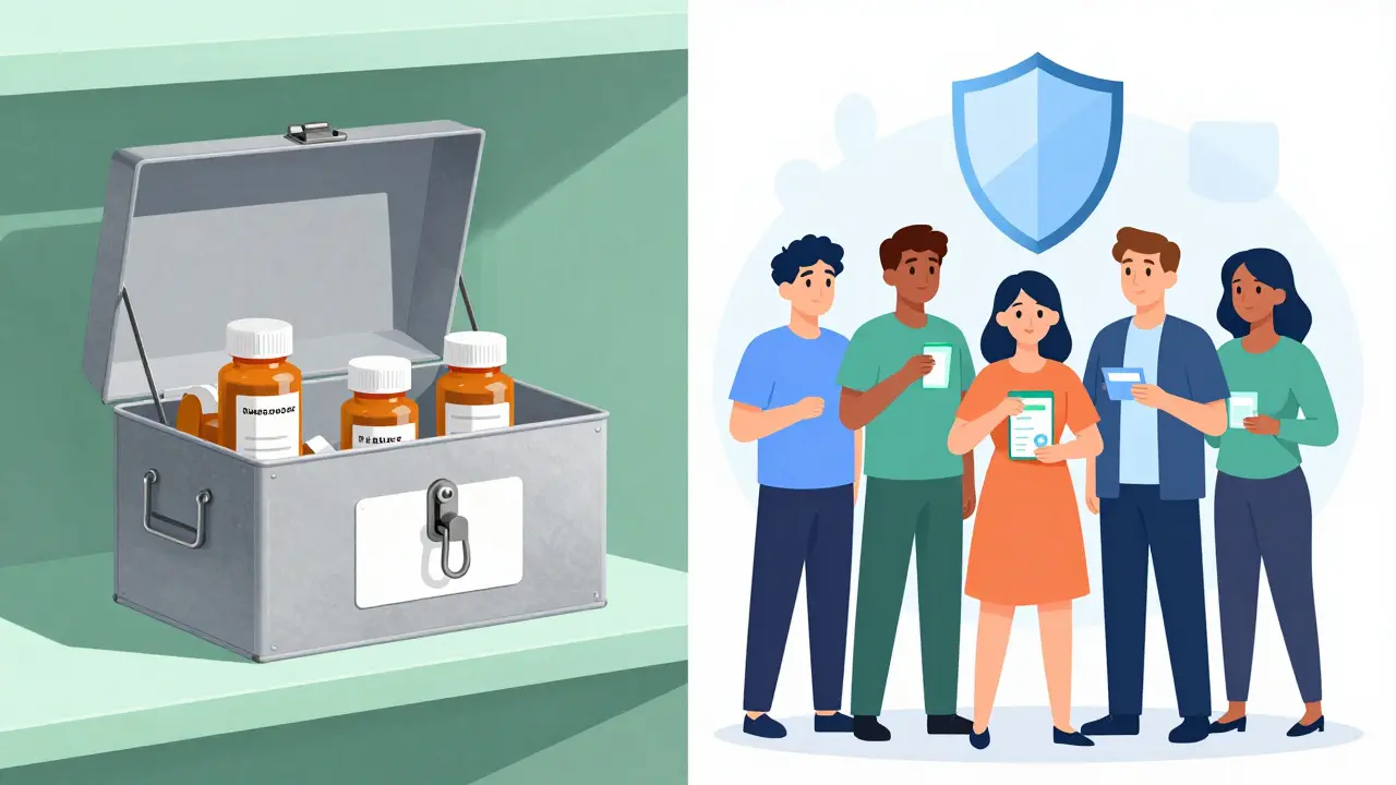Locked medicine box and community members holding naloxone kits