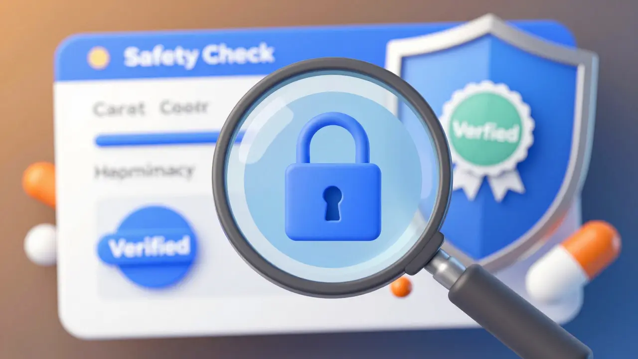 Magnifying glass checking for security badges on an online pharmacy site.
