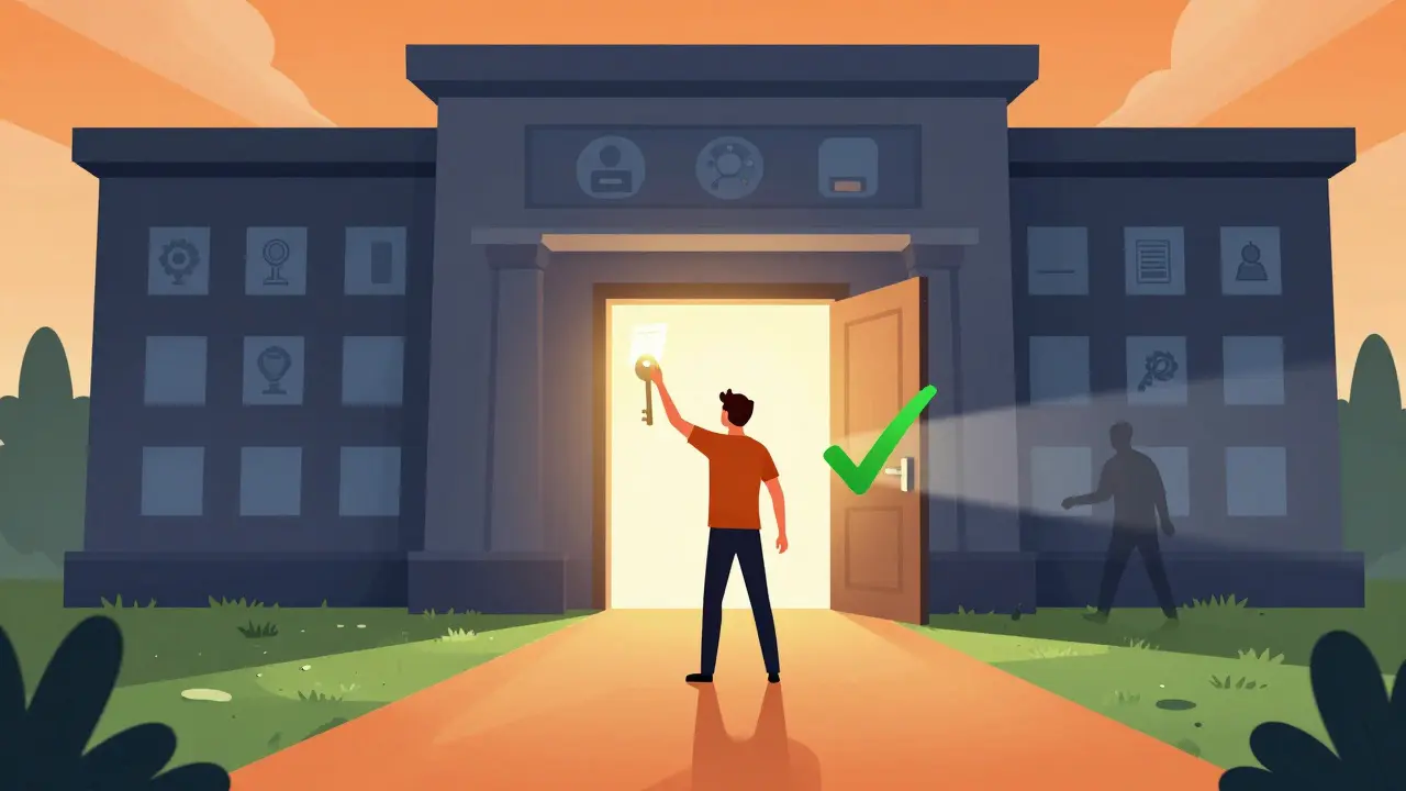 Patient opening door to approval in bureaucratic building