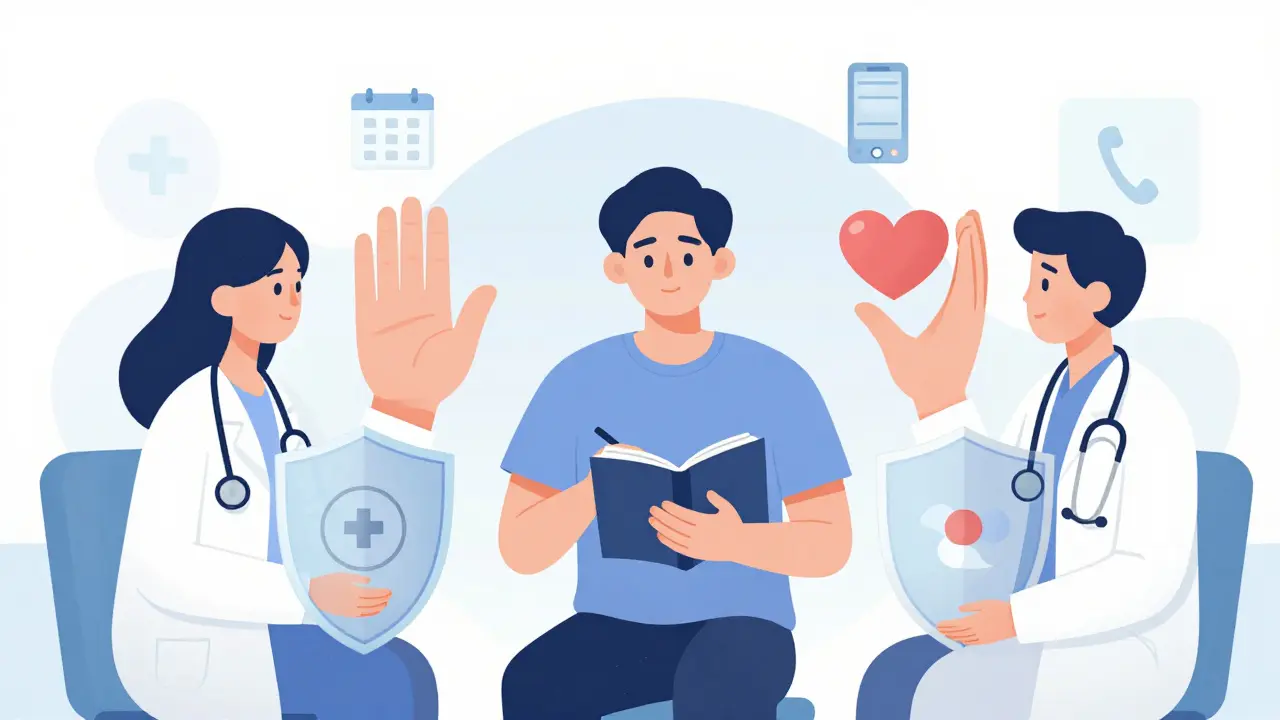 Patient tracking mood in journal surrounded by supportive care symbols