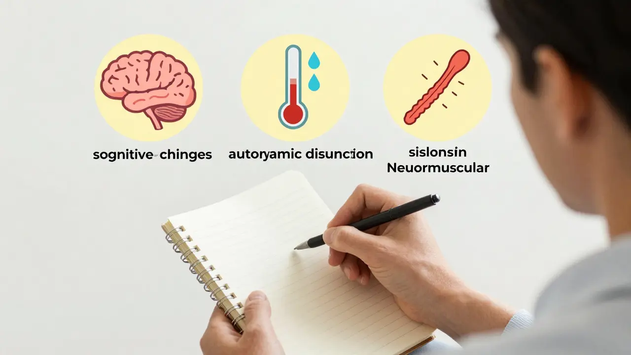 Patient tracking symptoms like confusion and tremors in a diary.