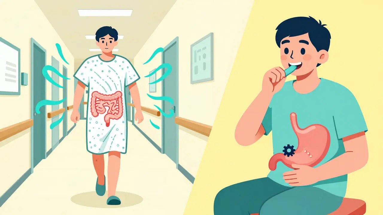 Patient walking and chewing gum to aid recovery