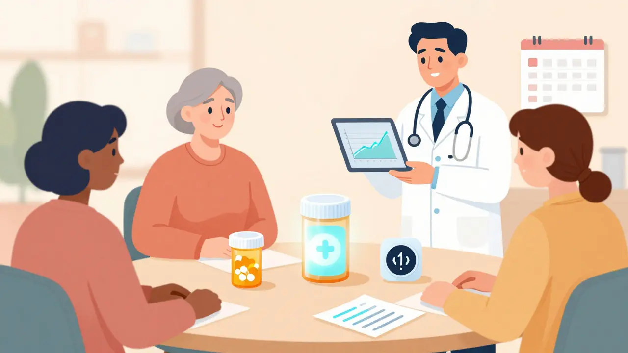 Patients using simple trackers with supportive doctor nearby