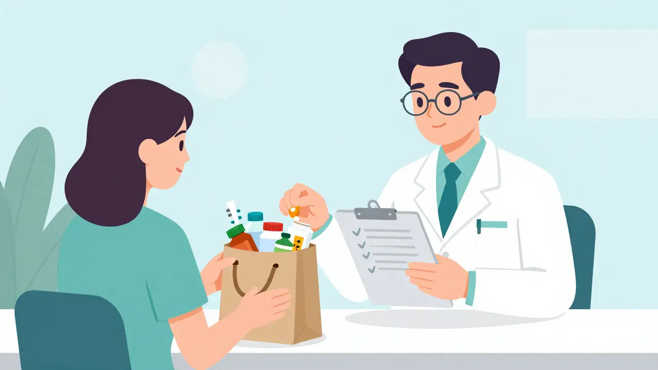 Pharmacist reviewing medications from a brown bag