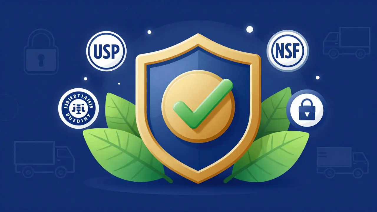 Shield badge with certification seals and safety icons for online shopping