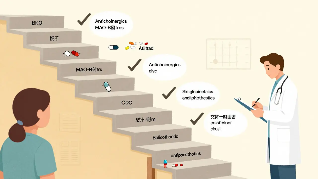 Stepwise staircase diagram showing medication adjustment before adding antipsychotics.