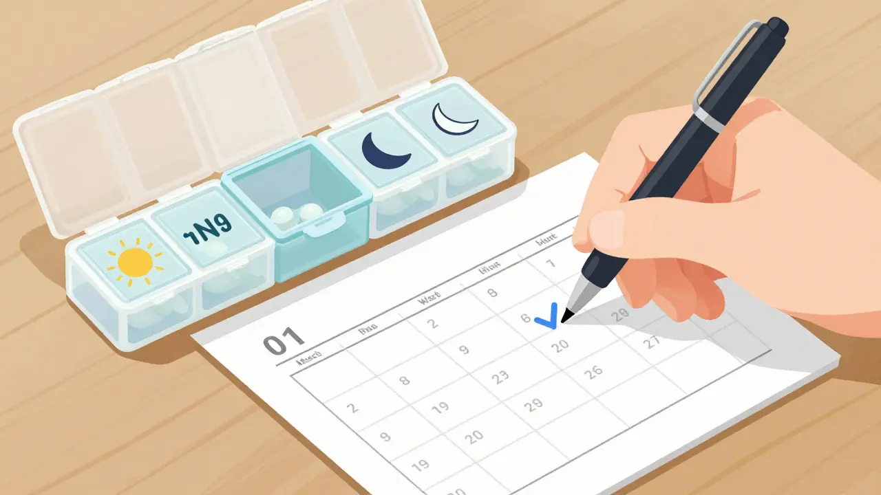 Weekly pill organizer and checked calendar schedule