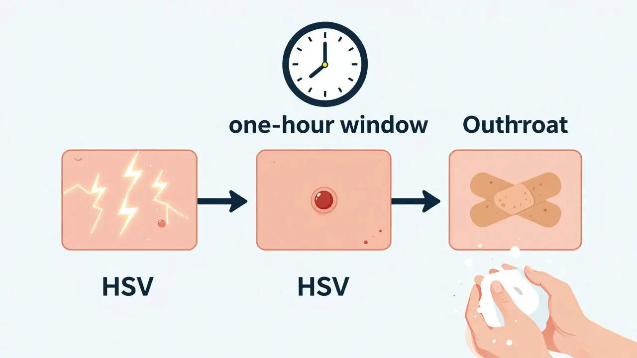 A conceptual diagram illustrating the three stages of a herpes outbreak—tingling, blistering, and healing—with a focus on the critical one-hour window for effective treatment and proper hygiene.