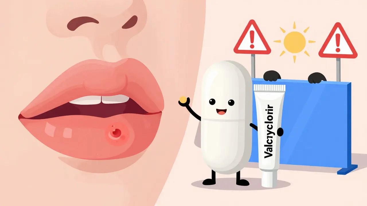 A friendly, educational illustration depicting valacyclovir pills and SPF lip balm protecting lips from cold sore triggers, emphasizing prevention and early intervention.