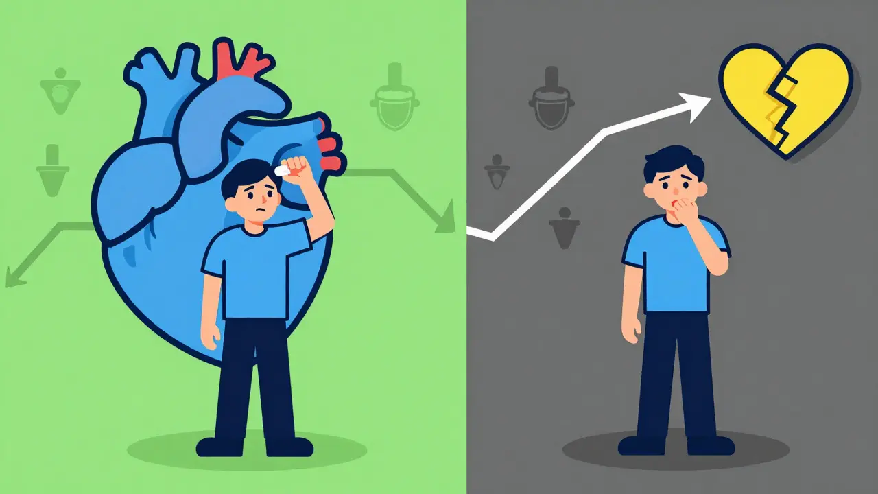 Cartoon comparison of continuing vs stopping statins and heart health outcomes