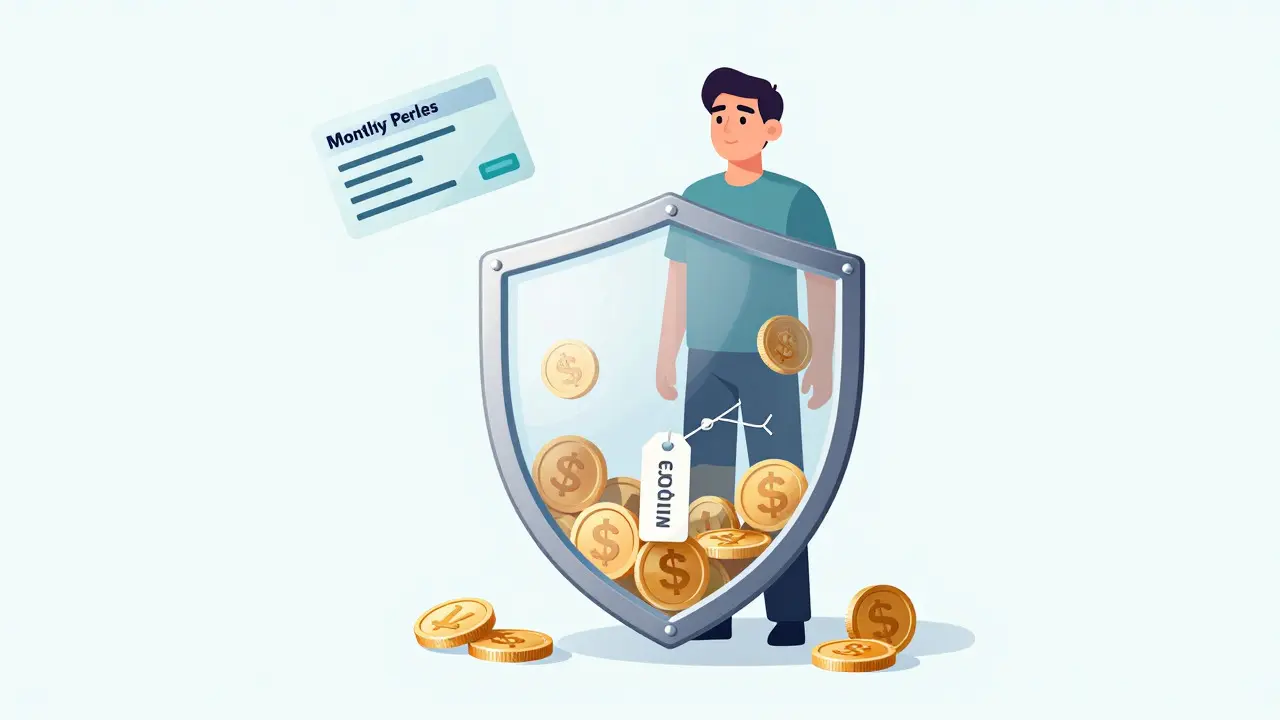 Cartoon depicting an out-of-pocket maximum as a shield protecting from further medical costs