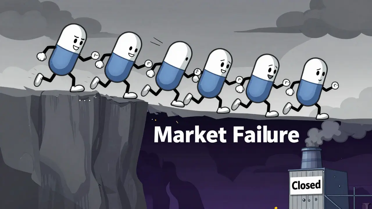 Cartoon pills racing to the bottom causing factory closures and drug shortages