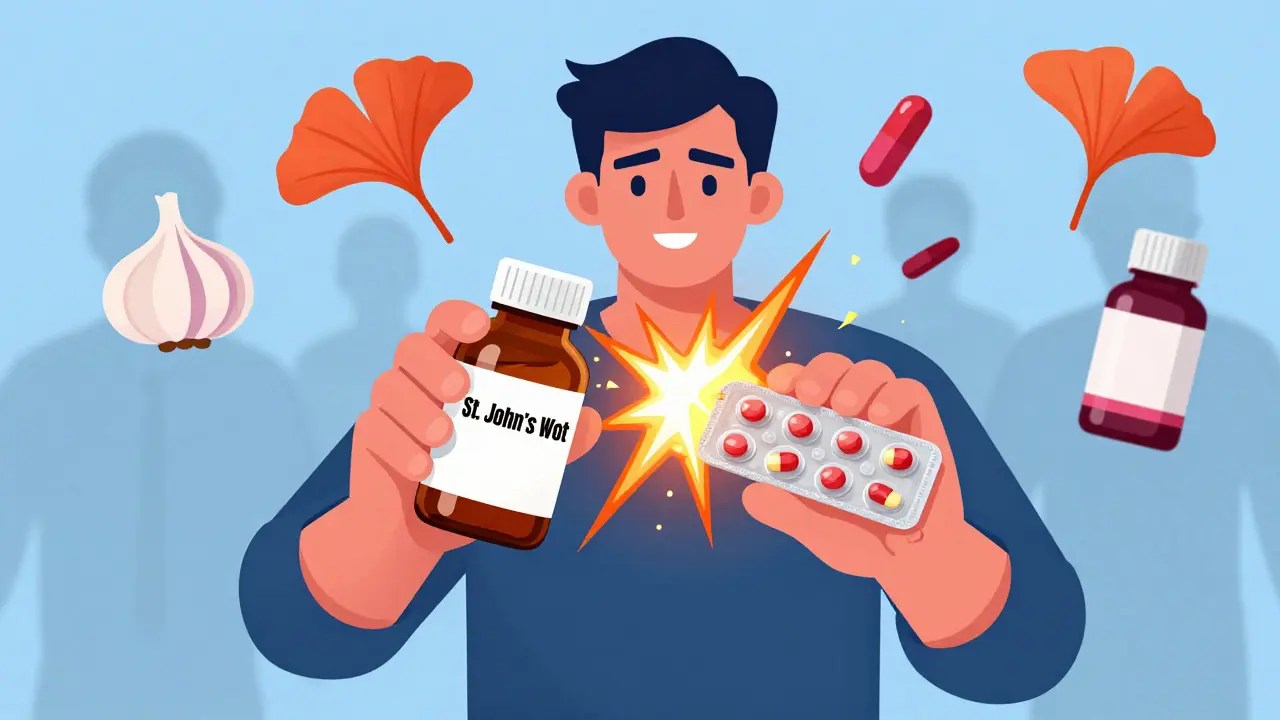 Cartoon showing dangerous interactions between supplements and medications.