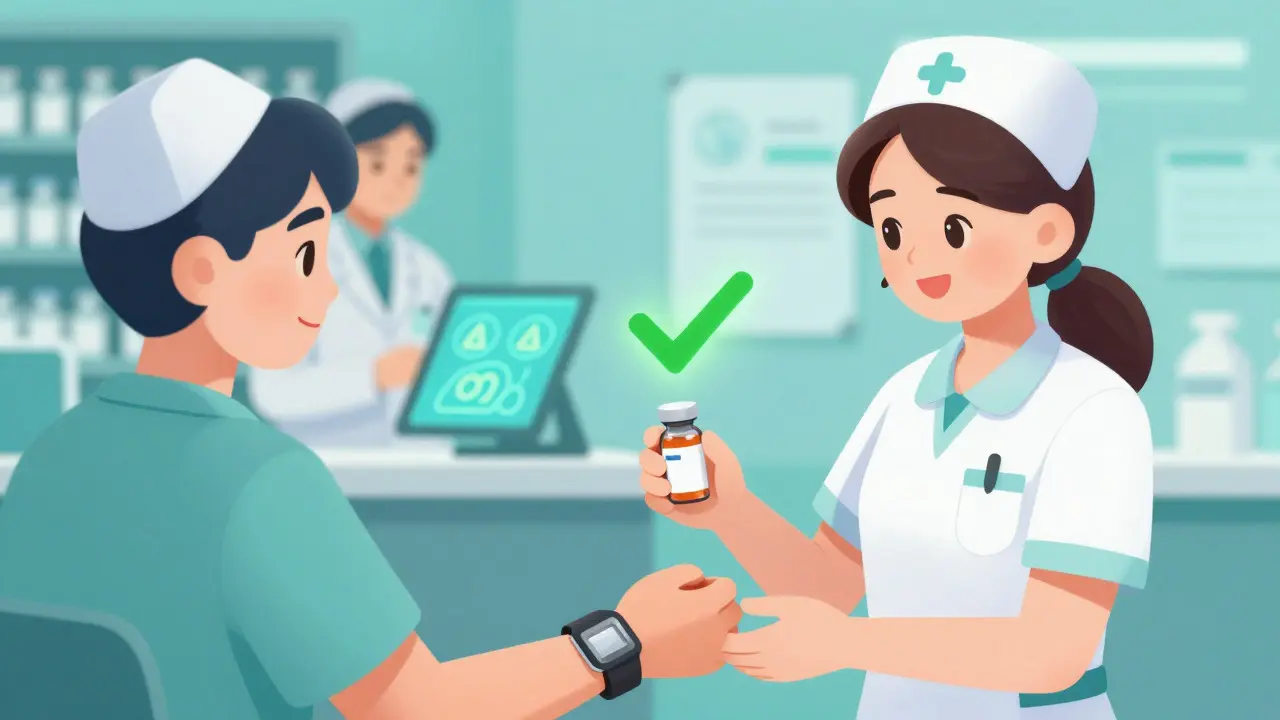 Cartoon showing nurses and pharmacists using technology to prevent medication errors