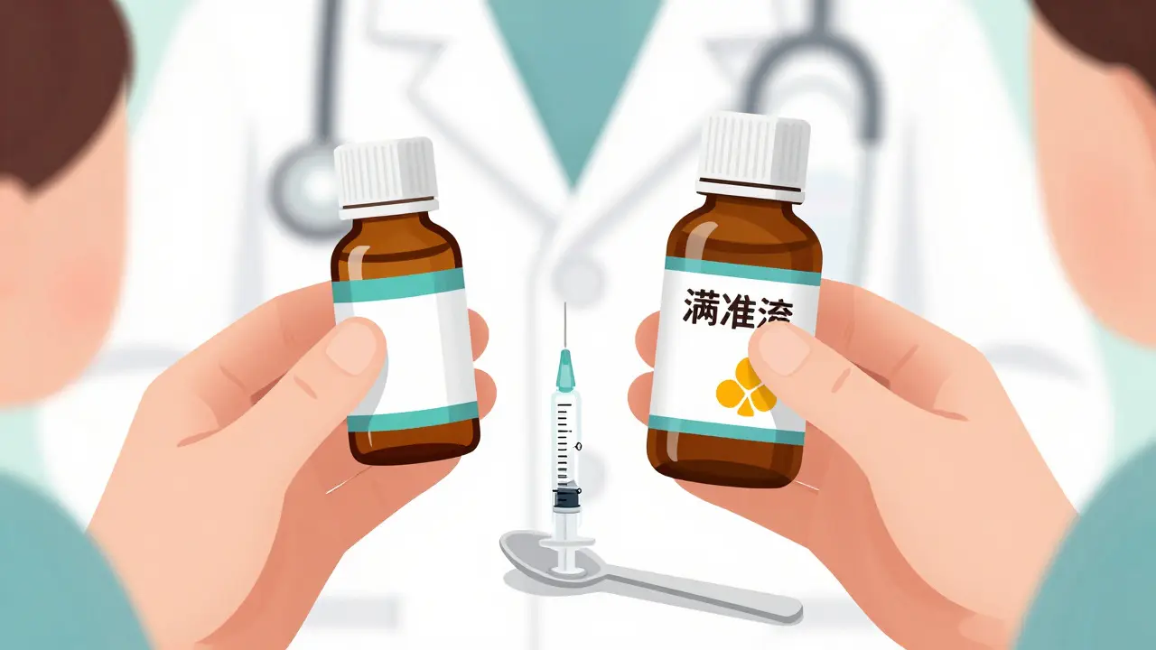 Close-up of hands holding different liquid medication bottles and a syringe