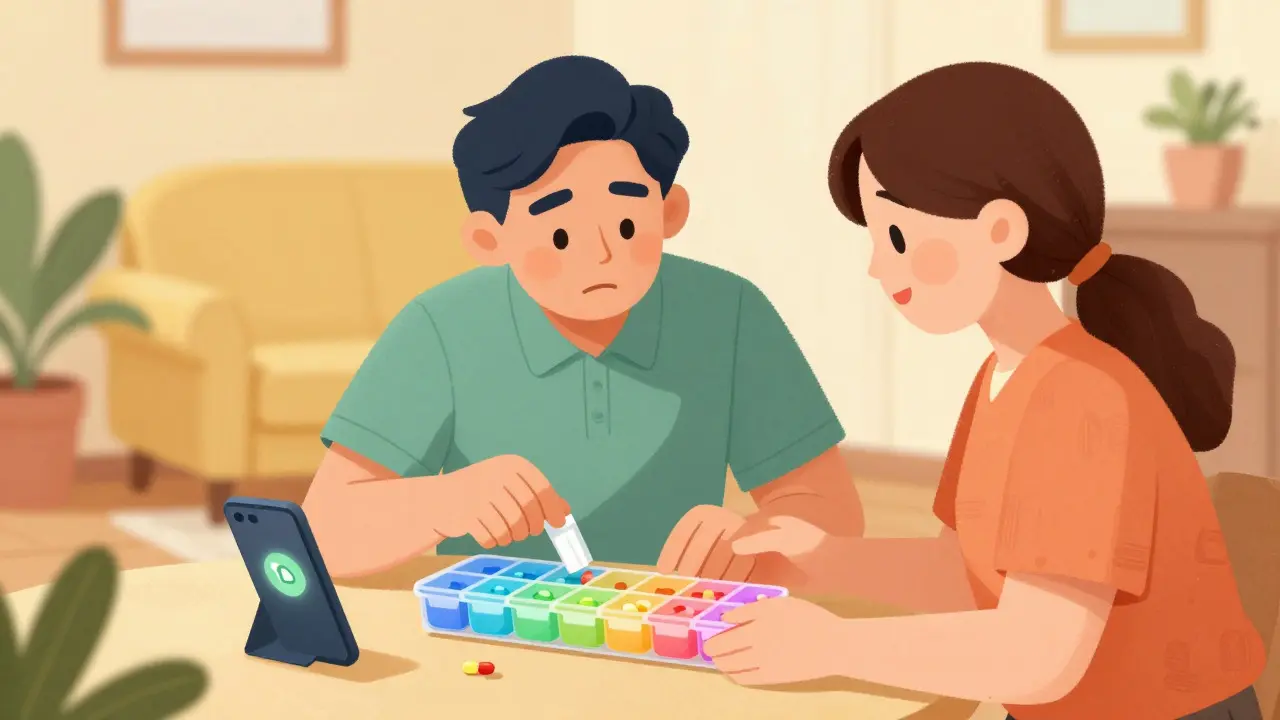 Daughter helping father organize pills in a weekly box