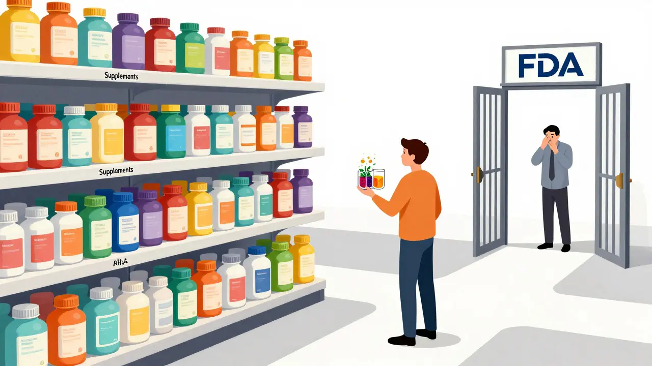 Editorial art depicting the lack of regulation in the supplement industry.
