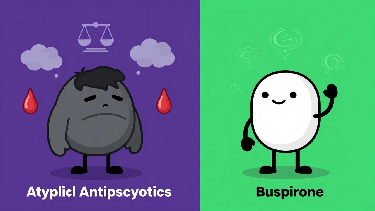 Editorial cartoon comparing the heavy side effects of antipsychotics vs the light profile of Buspirone