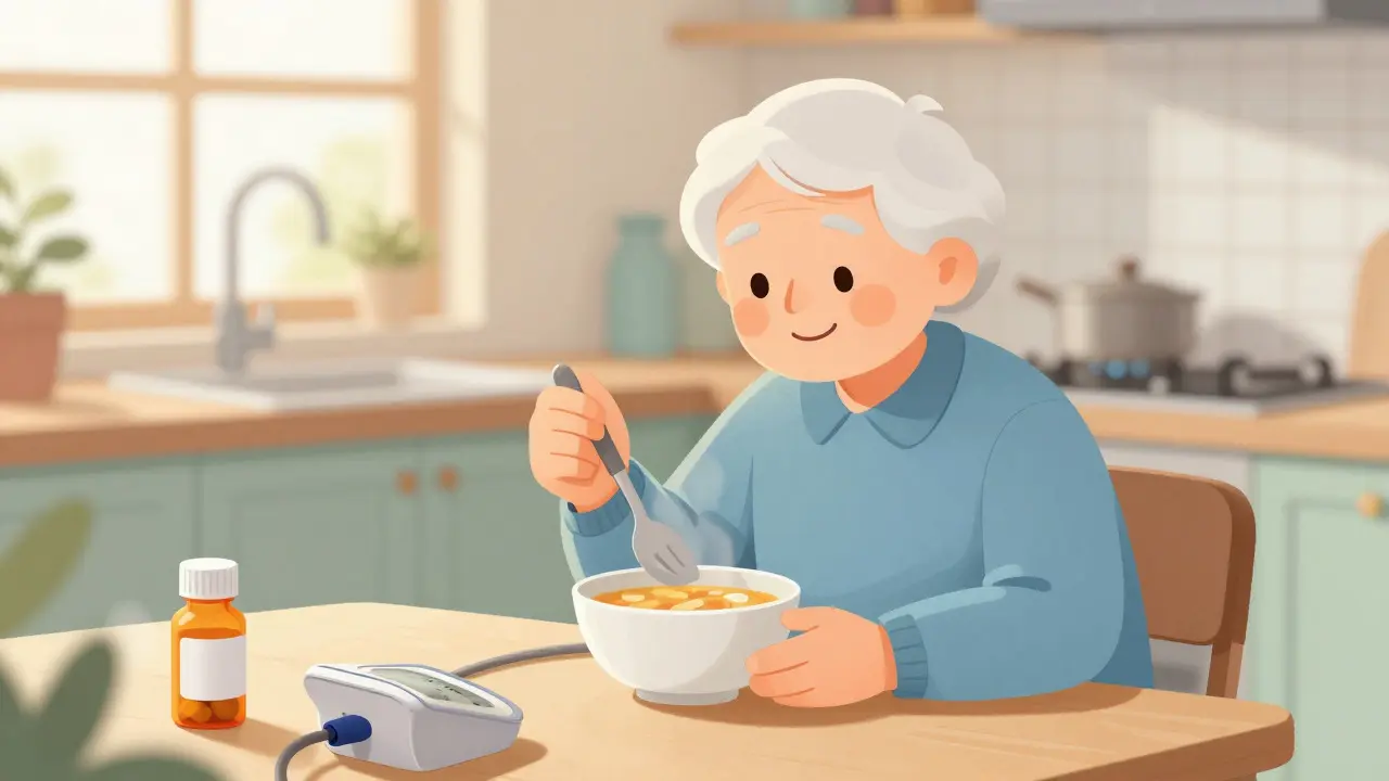 Elderly person eating steadily with adaptive utensils