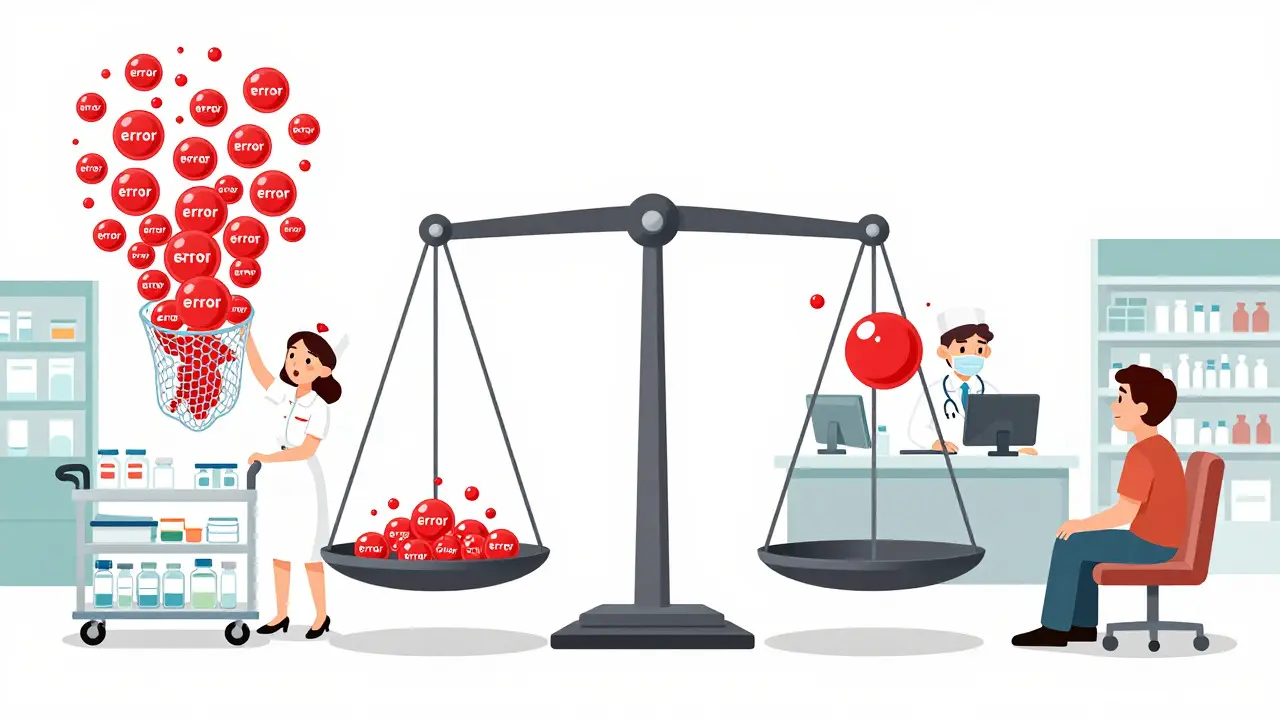 Illustration depicting medication error rates and detection methods in hospitals versus pharmacies