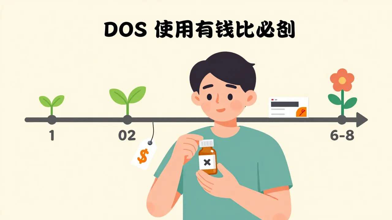 Illustration of a patient with a generic pill bottle and a timeline showing gradual improvement and low cost