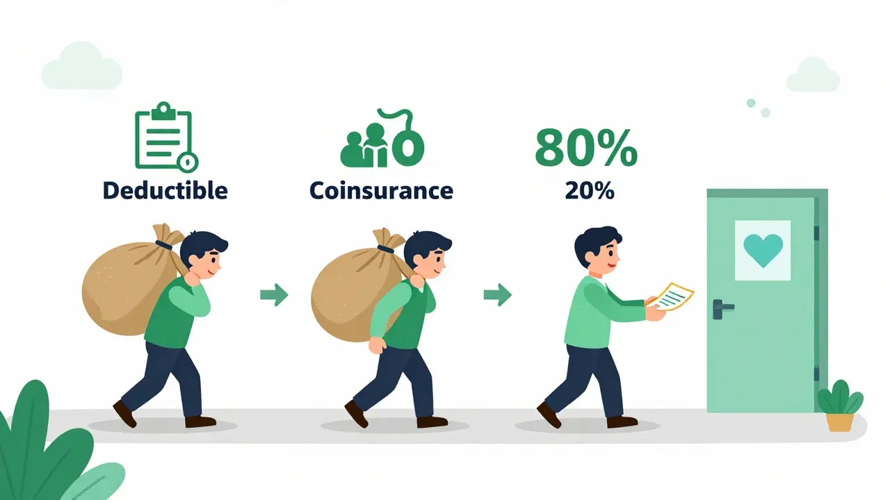 Illustration showing the sequence of paying deductible, then sharing costs via coinsurance