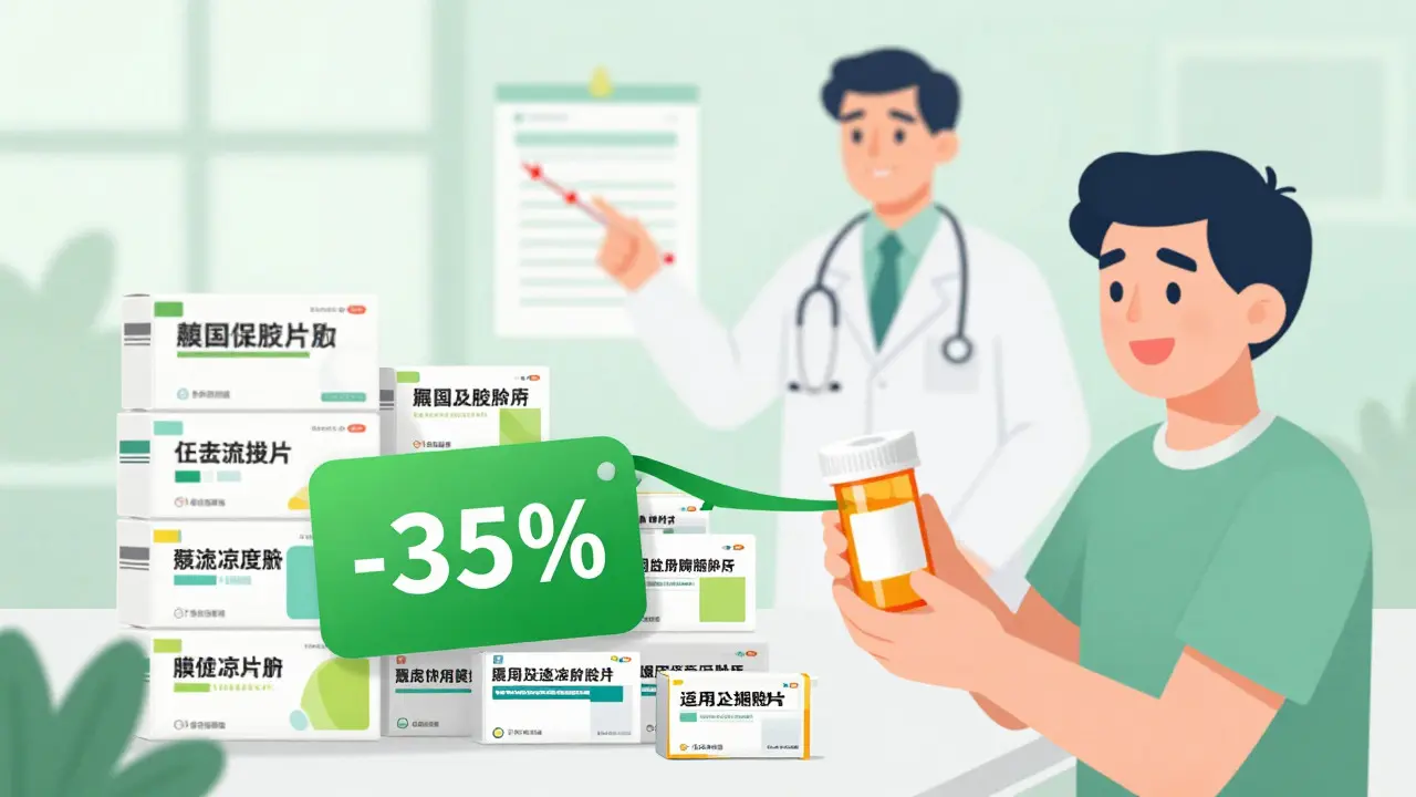 Patient holding discounted medication with doctor and cost-saving charts