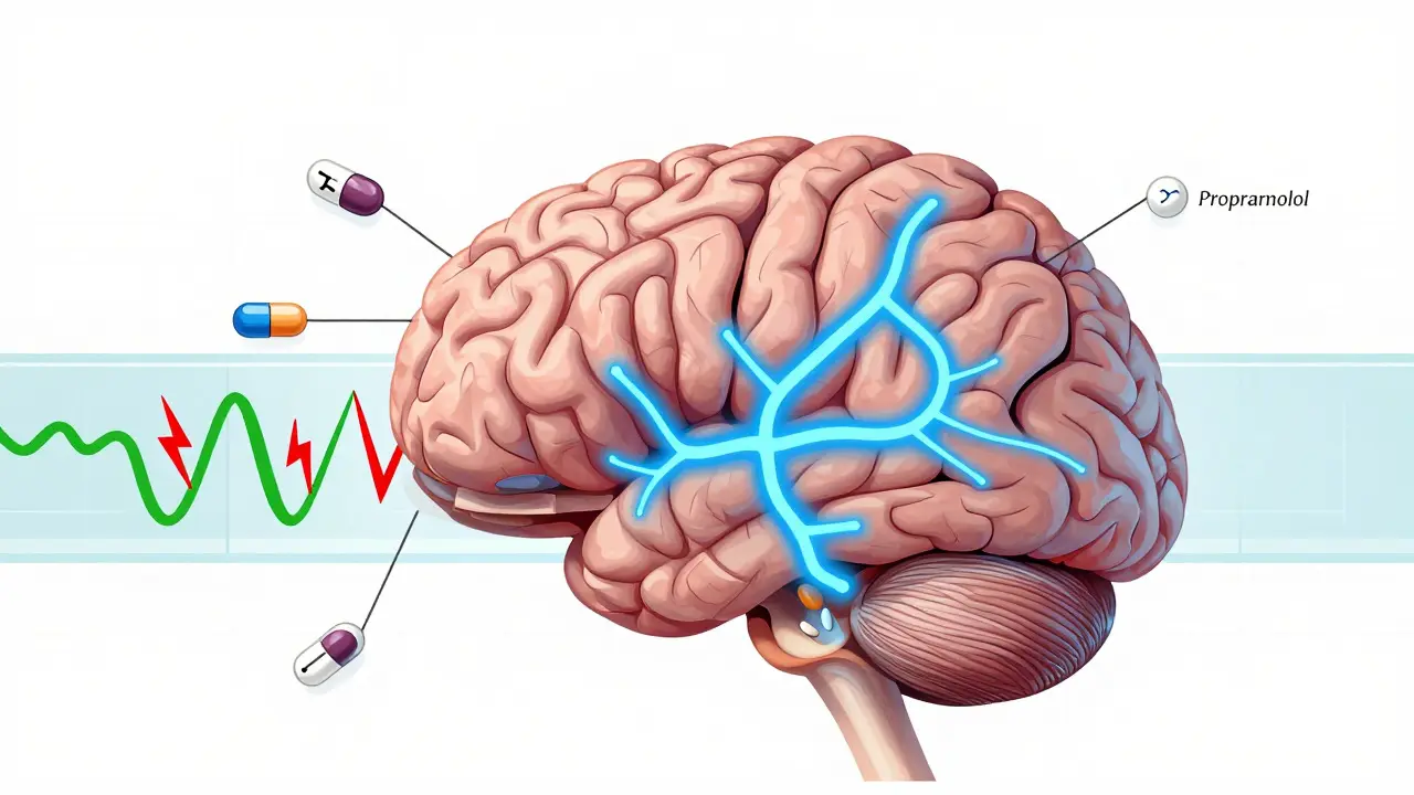 Stylized brain diagram showing medication calming neural tremors