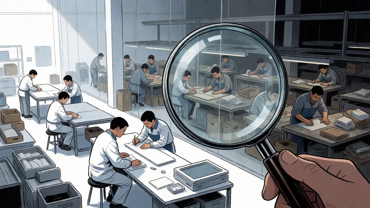 Factory scene showing a clean front stage hiding chaotic operations behind a transparent wall.