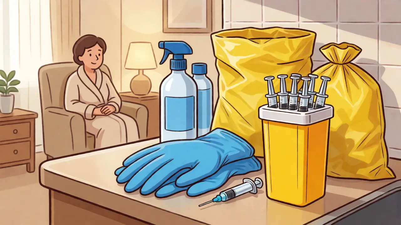 Home care supplies including nitrile gloves, biohazard bags, and sharps containers on a counter.