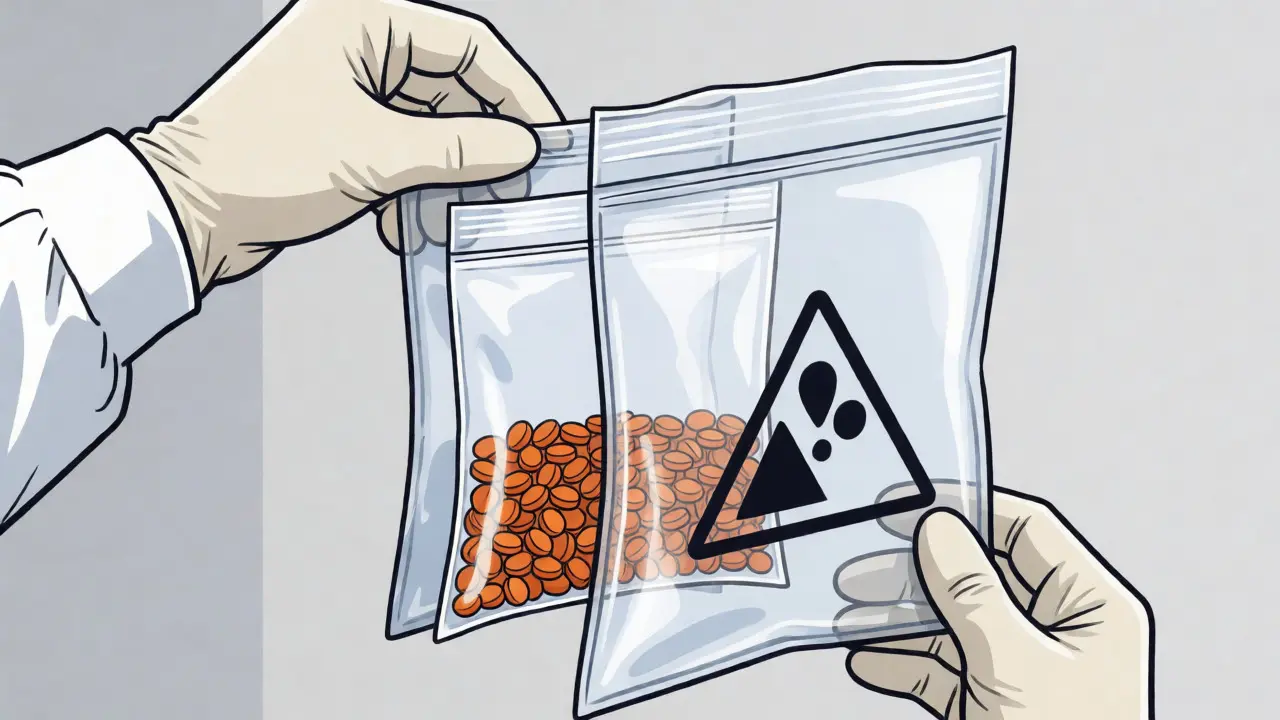Illustration of hands double-bagging chemotherapy pills in protective plastic bags.