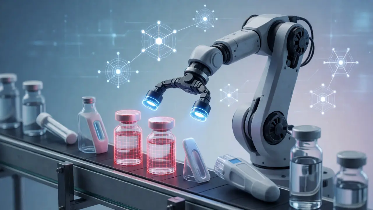 Robotic arm scanning products with laser grids, representing AI-driven quality control systems.